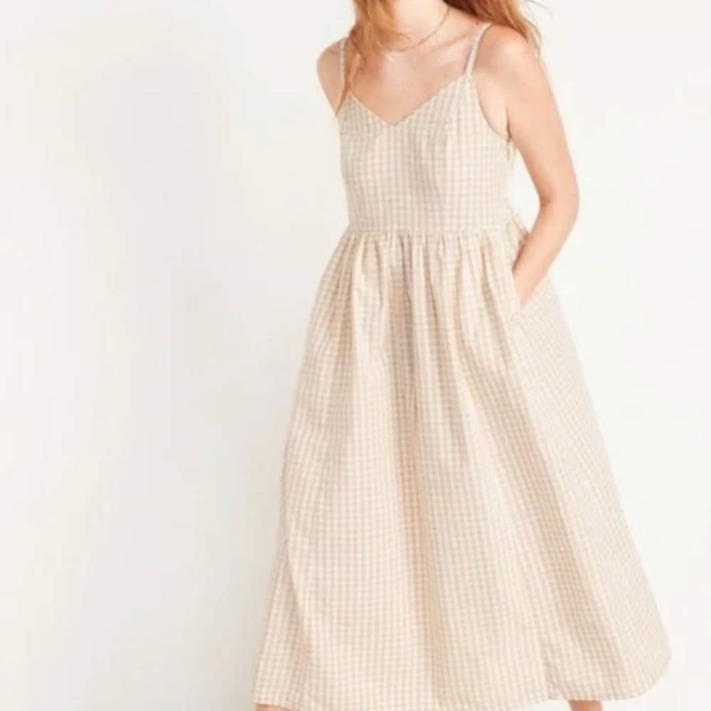 NWT Old Navy Beige Gingham Midi Dress with pockets
